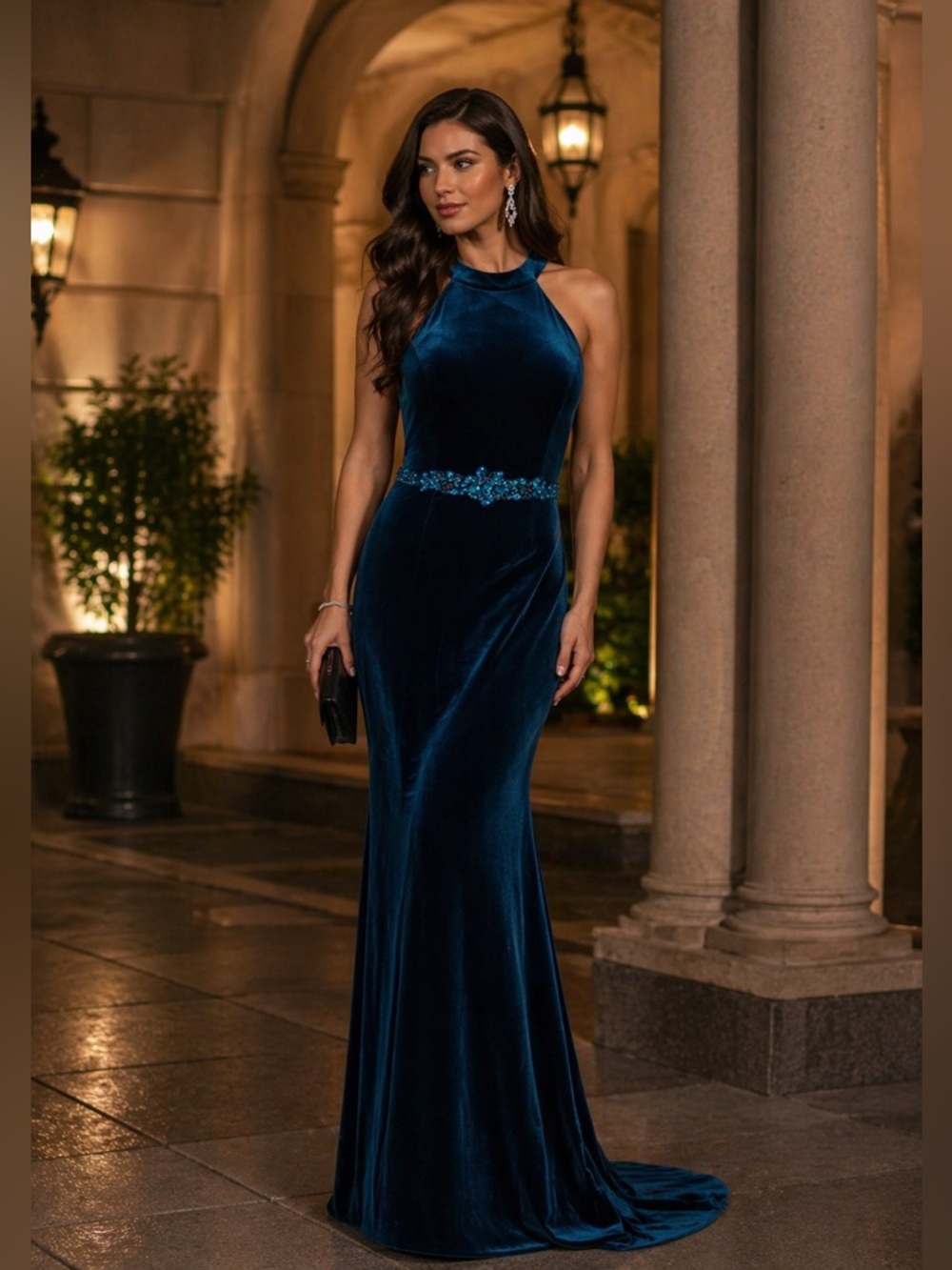 ROYAL QUEEN Women's Elegant Teal Velvet Maxi Dress with Embellished Waist 10 NEW